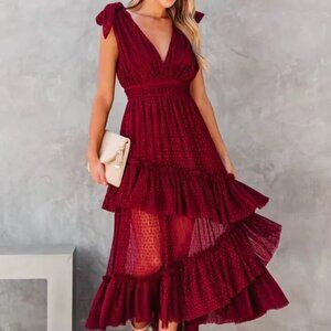 VICI Carrie In Paris Swiss Dot Tulle Dress in Burgundy SzM RRP98